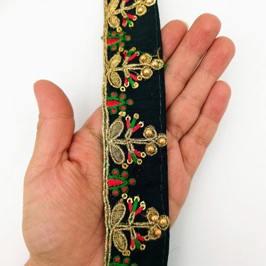 Black Art Silk Trim In Red And Gold Embroidery, Approx. 35mm wide, Decorative Trim